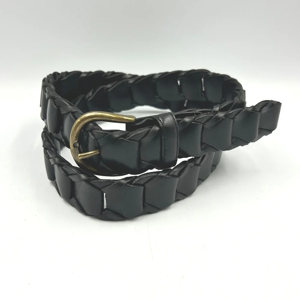 Braided Belt Black Womens Sz 38 Large Woven Leather Brass Buckle EUC 44 x 1.25